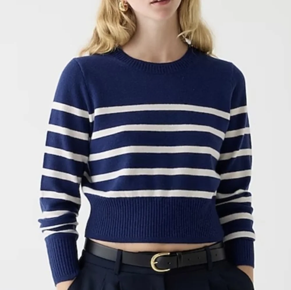 J. Crew Cashmere Shrunken Crewneck Sweater In Stripe Navy Medium NWOT